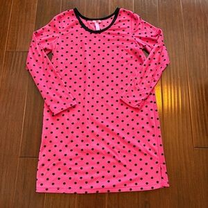 Nightgown / Pajama Dress - Warm Long Sleeve Pink Fleece With Black Polka Dots
